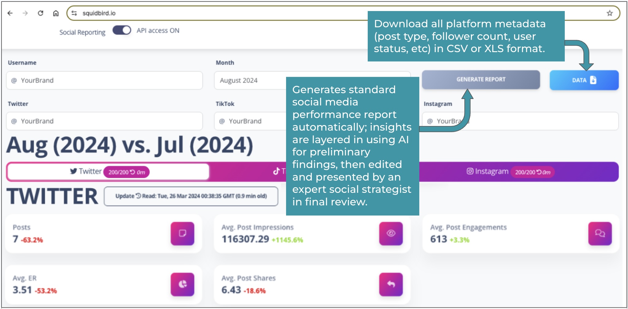Annotated walkthrough of a Squidbird report, showing metadata export and AI-assisted insights